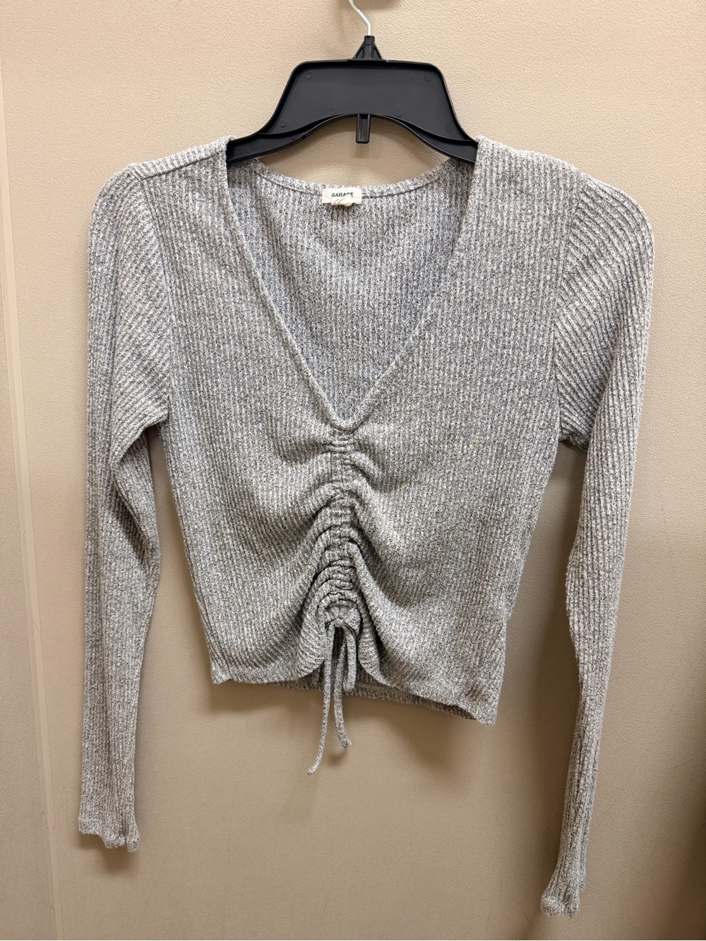 Garage Gray Ribbed Ruched Drawstring Long Sleeve Top – Size S - Picture 2 of 4
